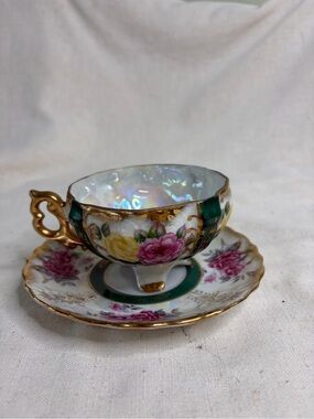 Craft Iridescent Porcelain Teacup with Green Band and Gold Handle